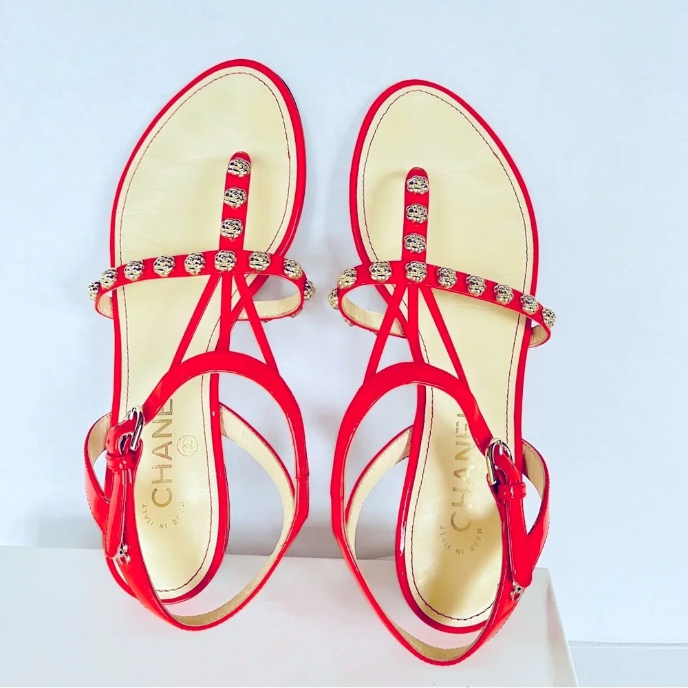 CHANEL coral red gold camellia studded flat sandals 38
